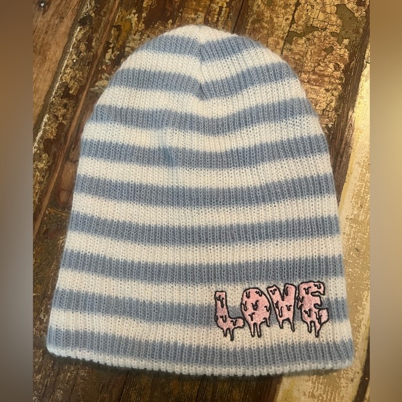 Neff Kendall & Kylie K&K LOVE Beanie Blue & White Striped Love Knit Cap Beanie - Picture 1 of 2
